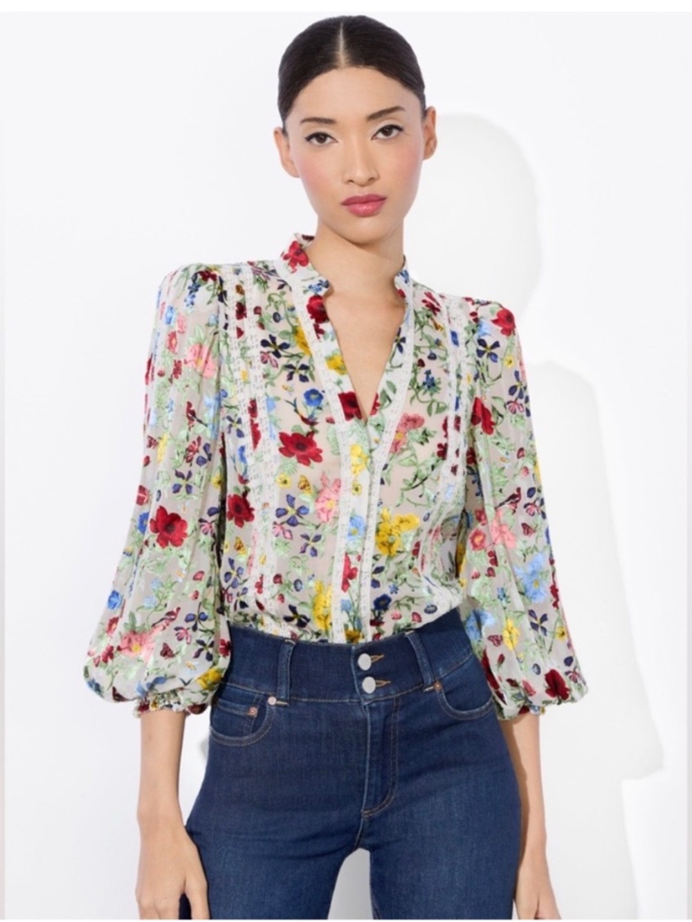 ALICE + OLIVIA | Floral Print Arlette Lace-Trim Blouse | Size S